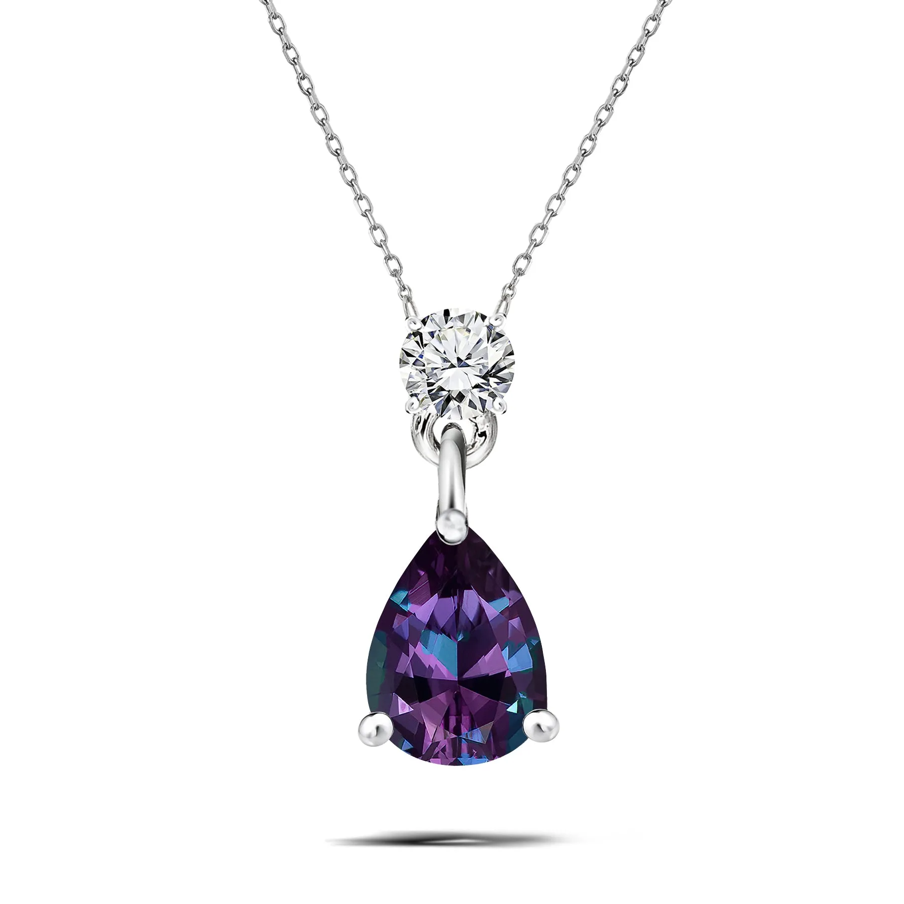 Classic 2 Carat Round and Pear Cut Dangle - Alexandrite - June Birthstone Pendant Necklace in 18k White Gold over Silver, Women Subtle Jewelry