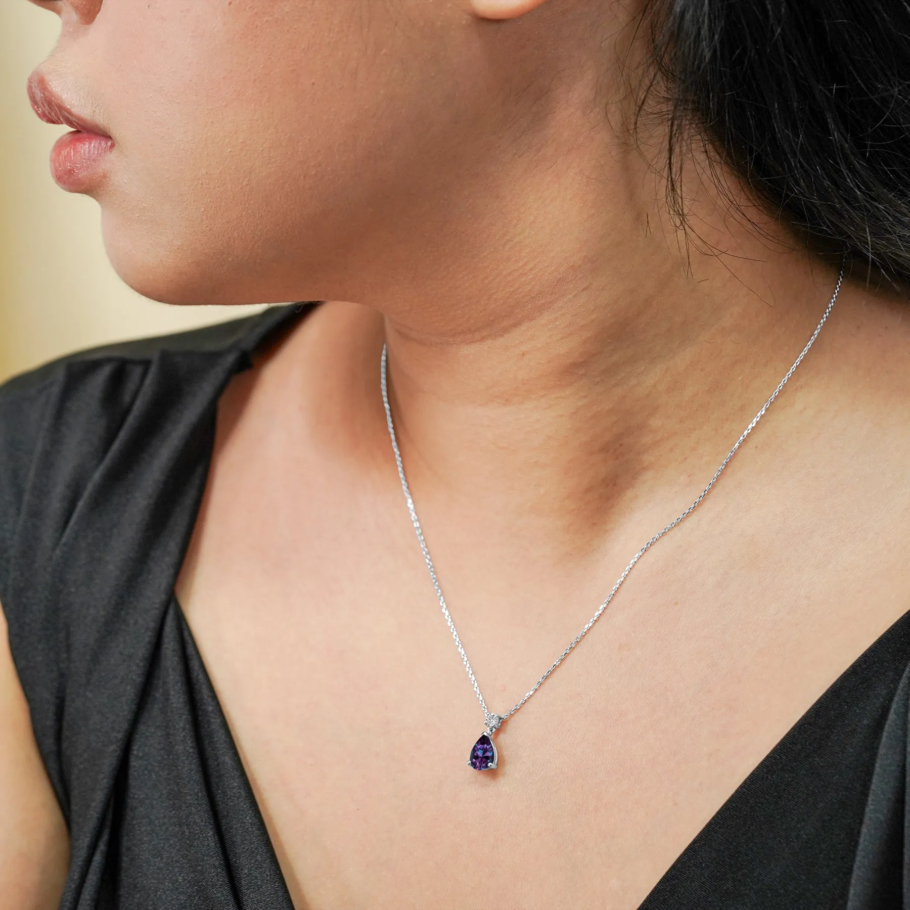 Classic 2 Carat Round and Pear Cut Dangle - Alexandrite - June Birthstone Pendant Necklace in 18k White Gold over Silver, Women Weekend Accent Romantic Date