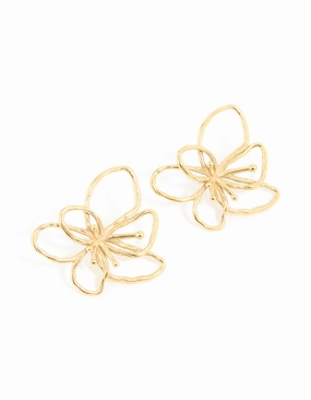 Waterproof Gold Plated Stainless Steel Flower Outline Stud Earrings Shine Factor