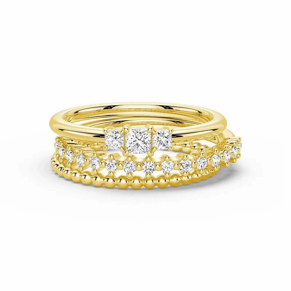Celestial Compass And Princess Lab Diamond Stacking Rings with Beaded Accent Band Daily Accent Fresh Elements