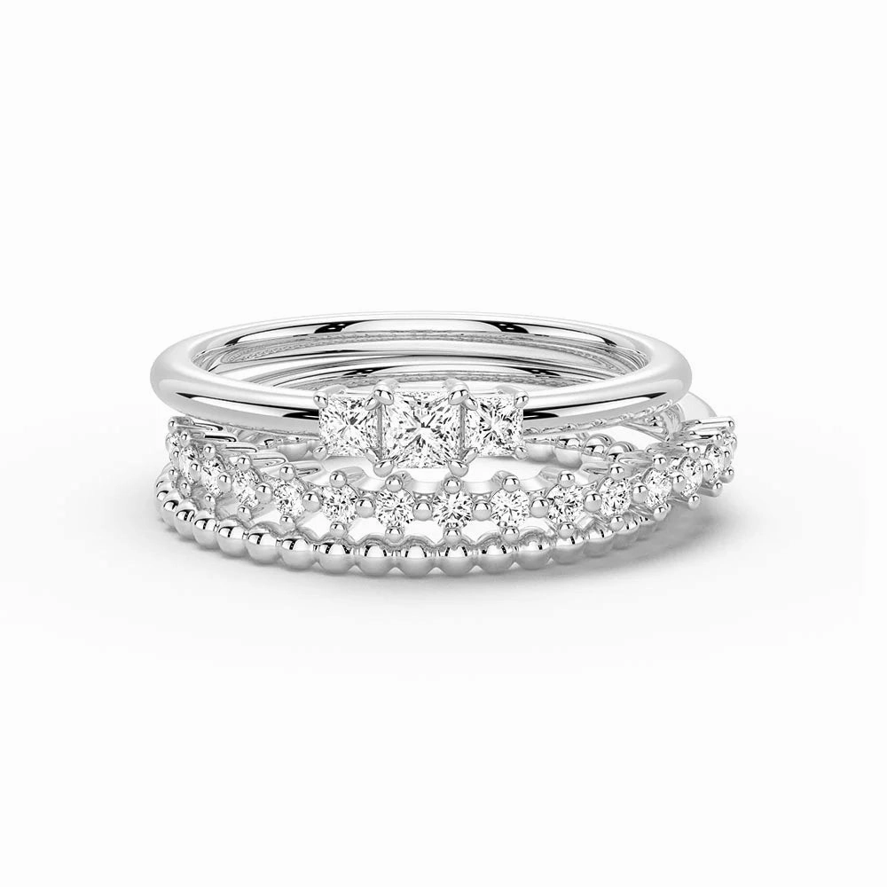 Statement Form Romantic Event Celestial Compass And Princess Lab Diamond Stacking Rings with Beaded Accent Band