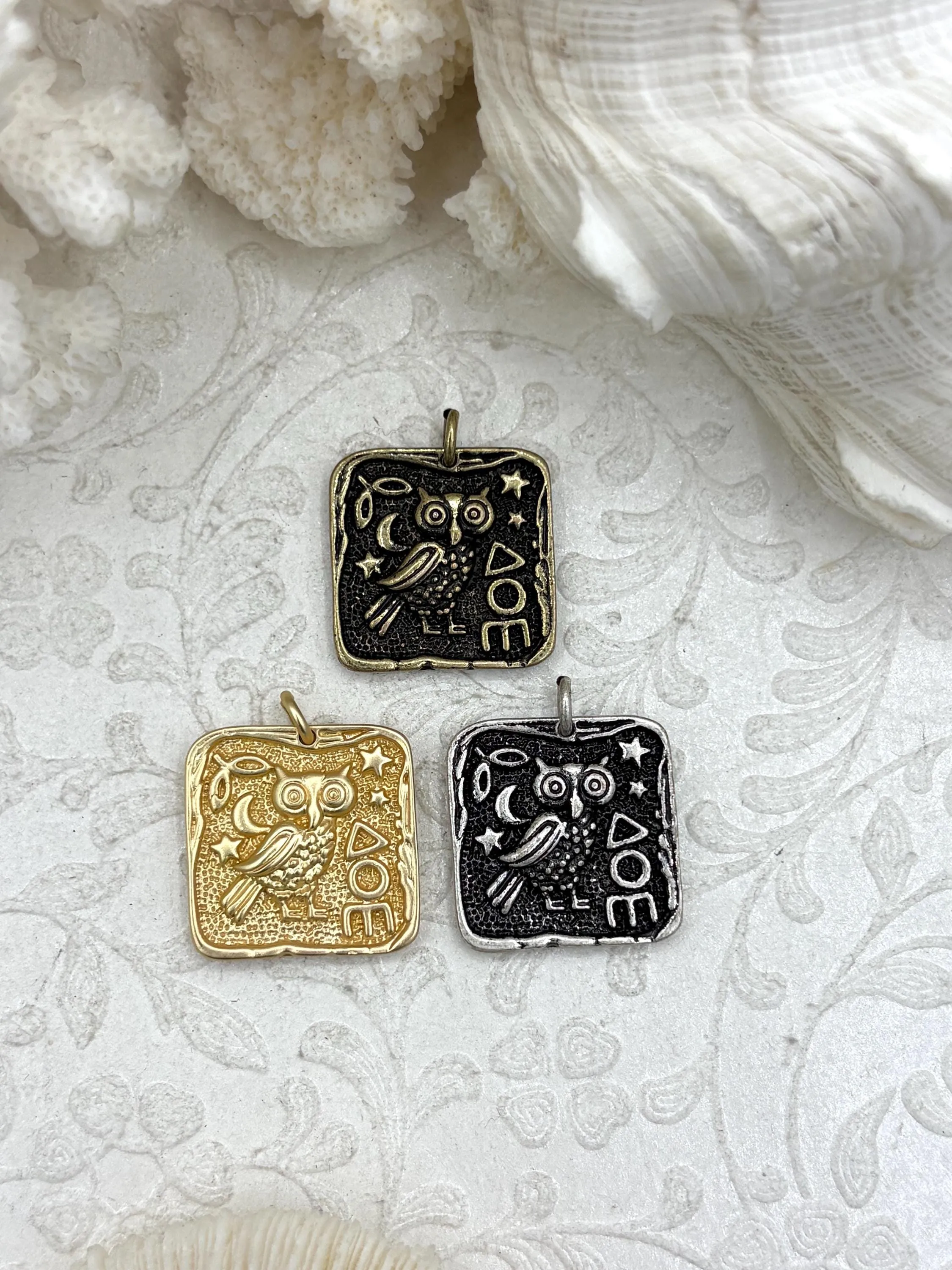 Dainty Item High Quality Brass Ancient Greek Coin, Bubo Owl of Athena Greek ,Athena's Owl, Replica Charm, 3 Finishes, 24mm, Fast Ship