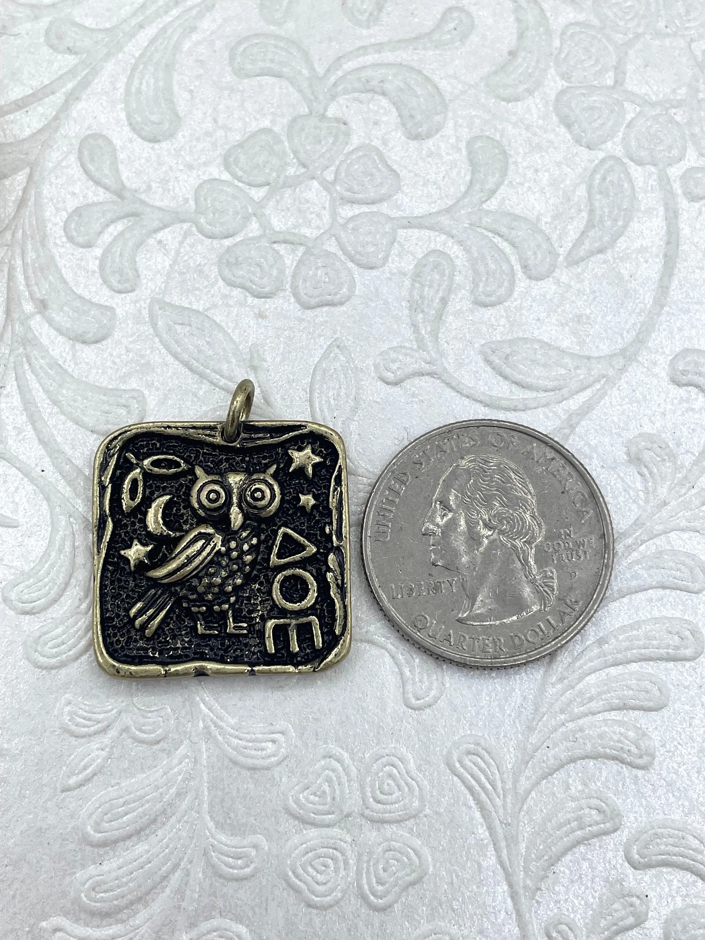 High Quality Brass Ancient Greek Coin, Bubo Owl of Athena Greek ,Athena's Owl, Replica Charm, 3 Finishes, 24mm, Fast Ship Classic Finish