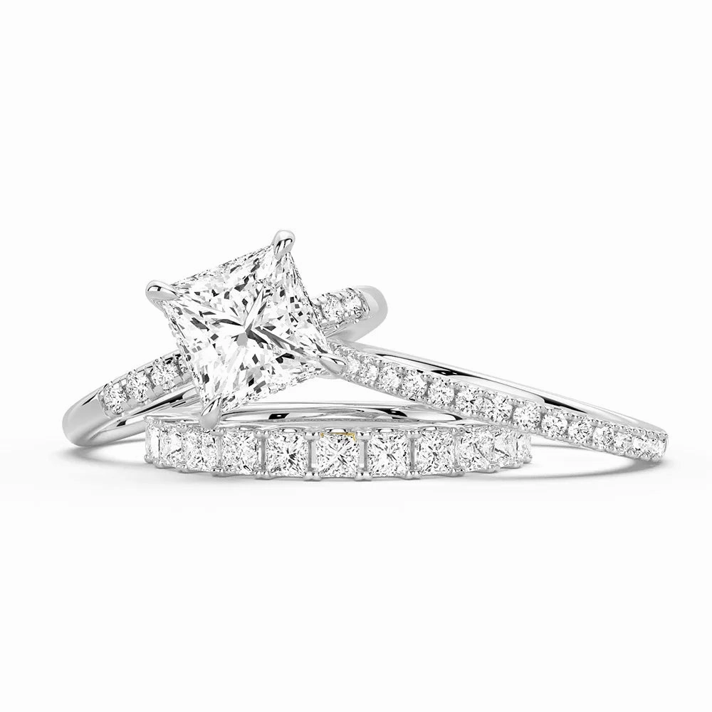 Princess Cut Hidden Halo Moissanite Ring Set with Matching Stacking Band Understated Finish Effortless Piece
