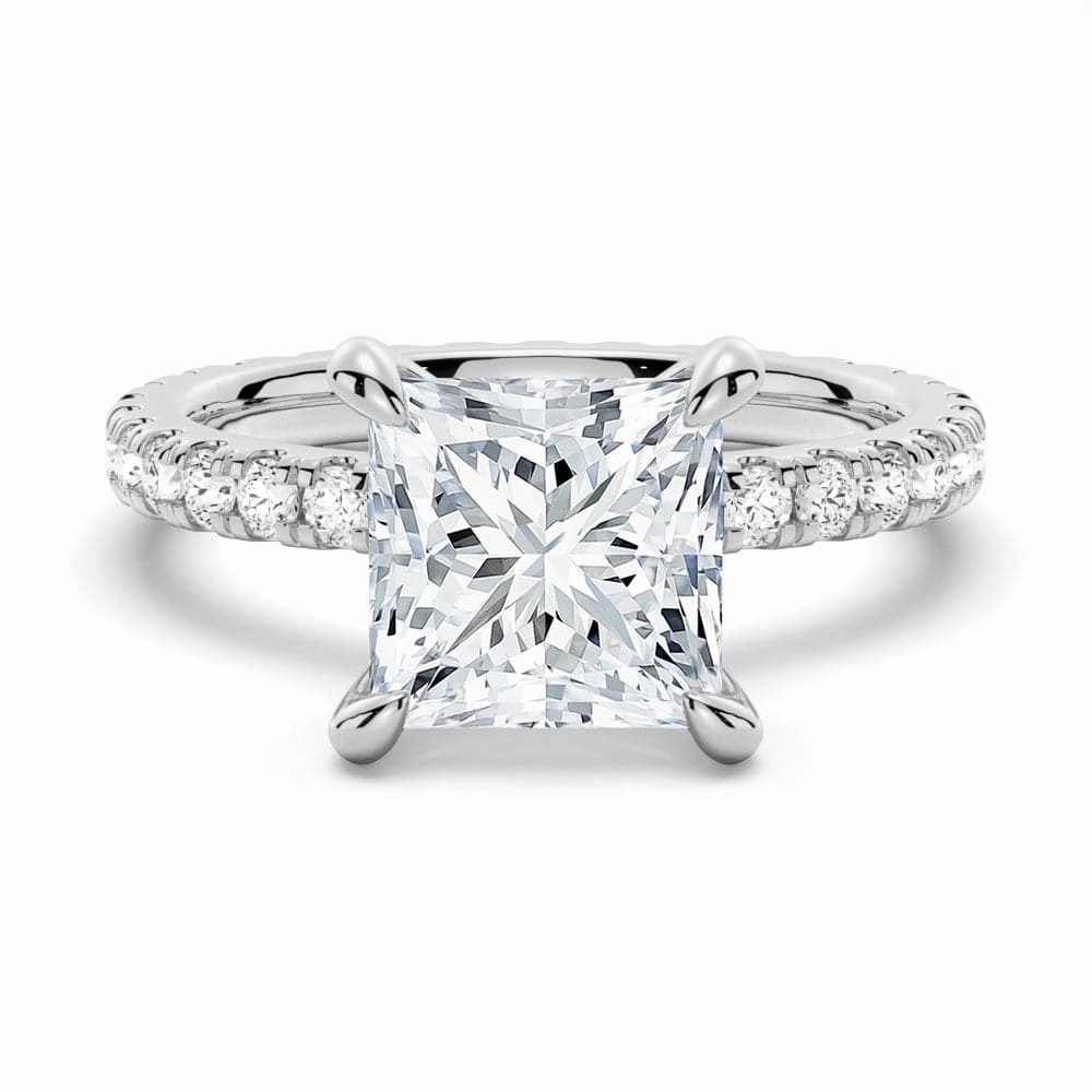 Impeccable Touch Bold Statement Princess Cut Moissanite Engagement Ring With Eternity Pave Band