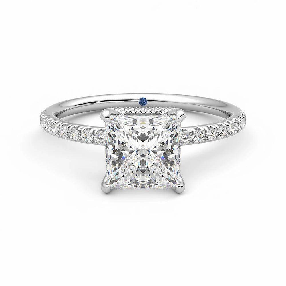 Exclusive Glam Princess Cut Moissanite Engagement Ring with Hidden Halo and Anniversary Stone Accent