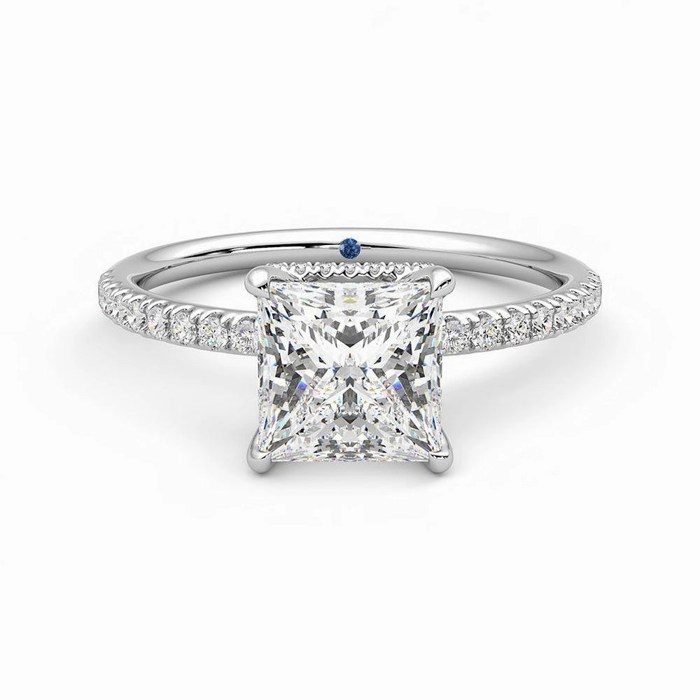 Signature Highlight Cool Form Princess Cut Moissanite Engagement Ring with Hidden Halo and Anniversary Stone Accent