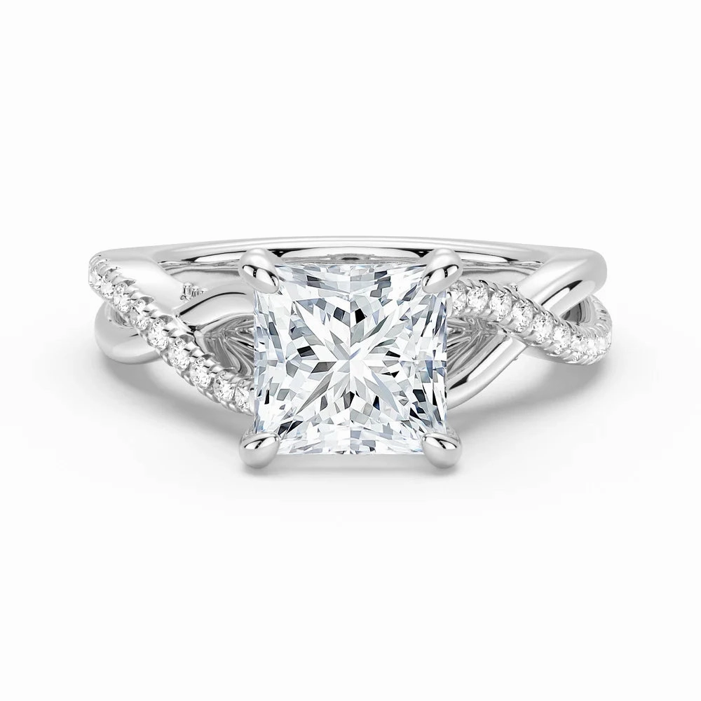 Princess Cut Moissanite Twisted Band Engagement Ring with Hidden Accents Grace Note Special Day