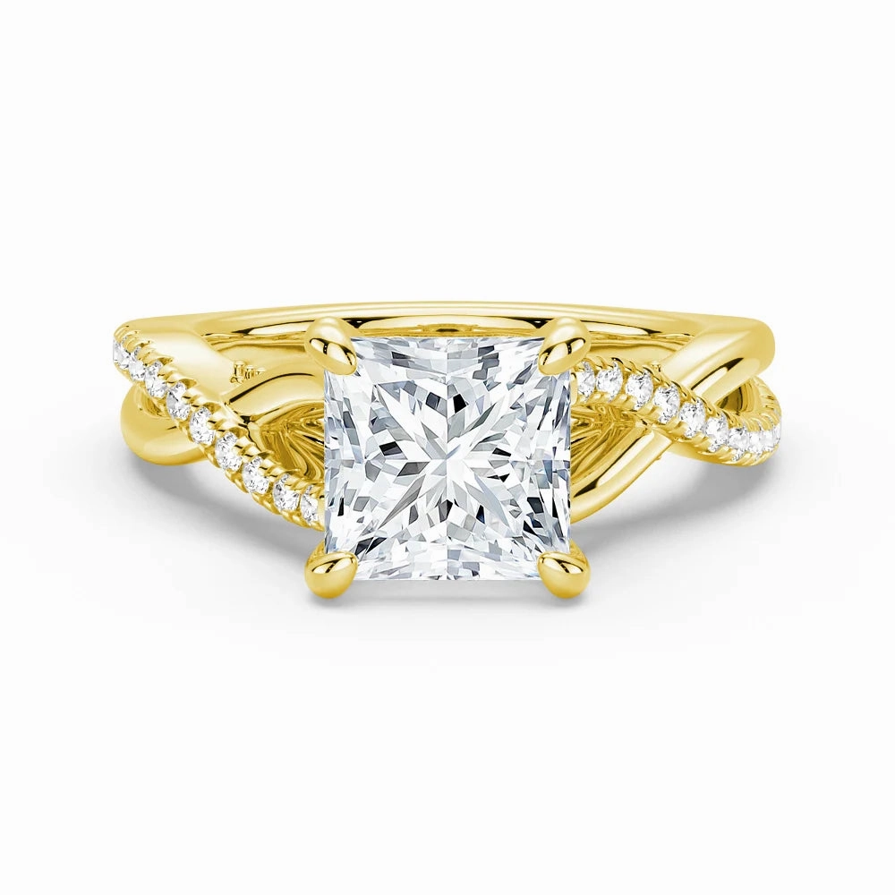 Princess Cut Moissanite Twisted Band Engagement Ring with Hidden Accents Shining Detail Shimmering Form
