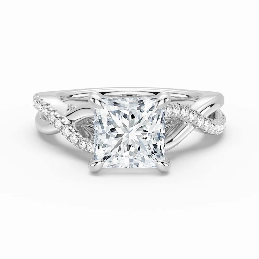 Charming Accessories Premium Piece Princess Cut Moissanite Twisted Band Engagement Ring with Hidden Accents