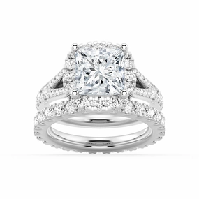Radiant Embellishments Dazzling Feature Princess Cut Split Shank Halo Moissanite Ring Set with Matching Wedding Band