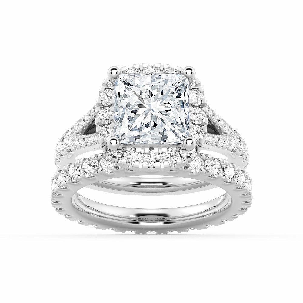 Princess Cut Split Shank Halo Moissanite Ring Set with Matching Wedding Band Camera Glow Creative Edge