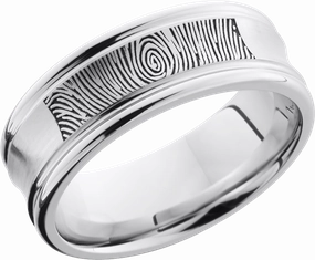 Handcrafted Shine Cobalt chrome 8mm concave band with rounded edges and a laser-carved fingerprint