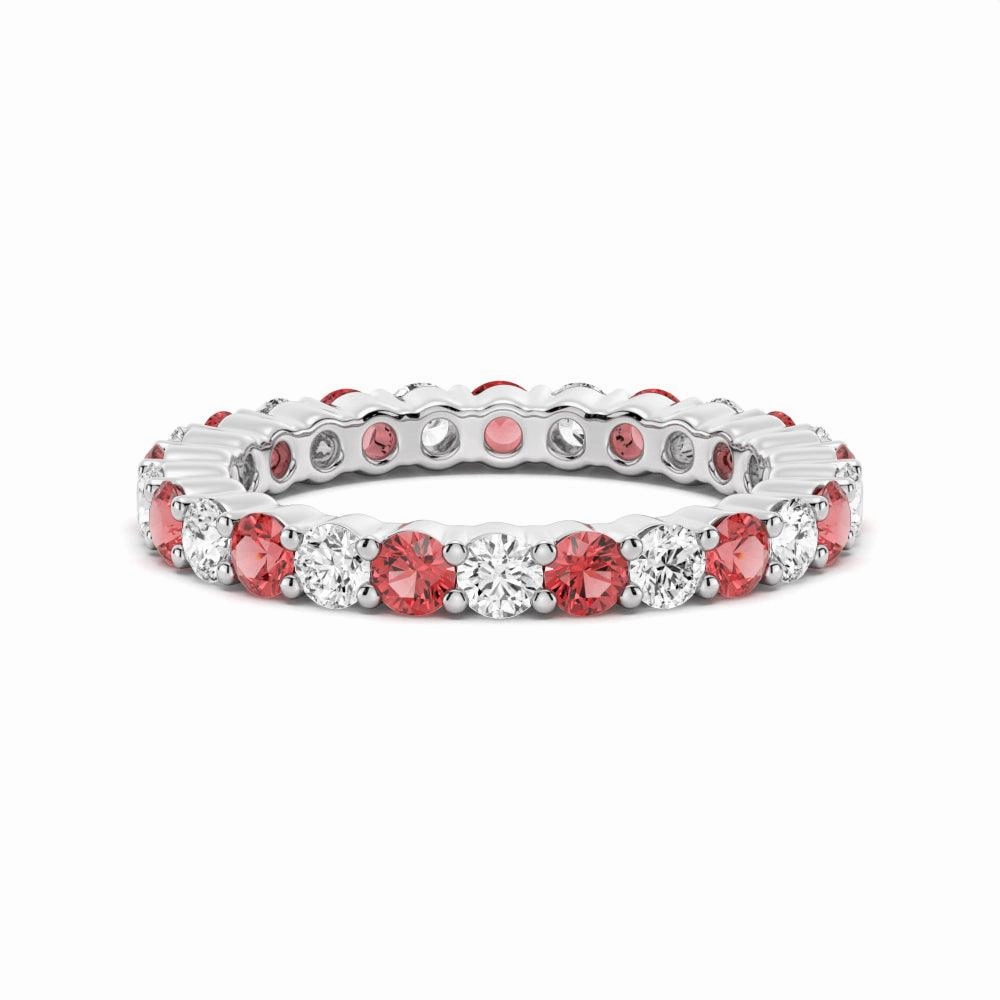 Luxury Tone Understated Finish Prong Set Ruby and White Sapphire Eternity Wedding Band