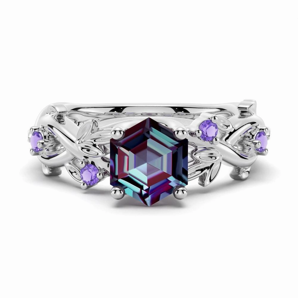 Fashion Treasures Artisan Accent 2 CT Vintage Hexagon Cut Alexandrite Engagement Ring With Amethyst