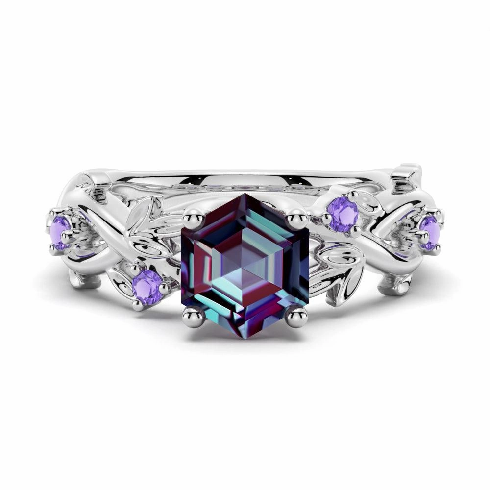2 CT Vintage Hexagon Cut Alexandrite Engagement Ring With Amethyst Impressive Finish