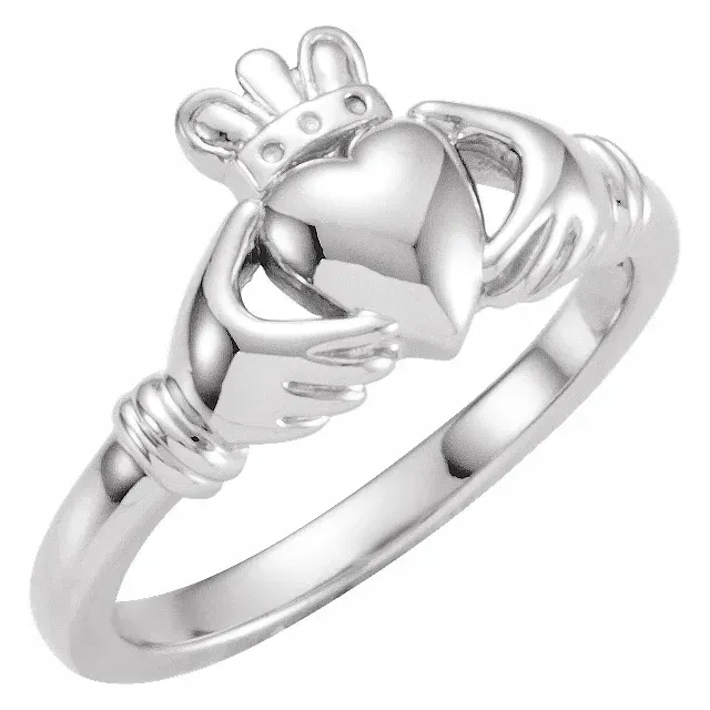 14K White Claddagh Ring Balanced Contour Minimal Texture