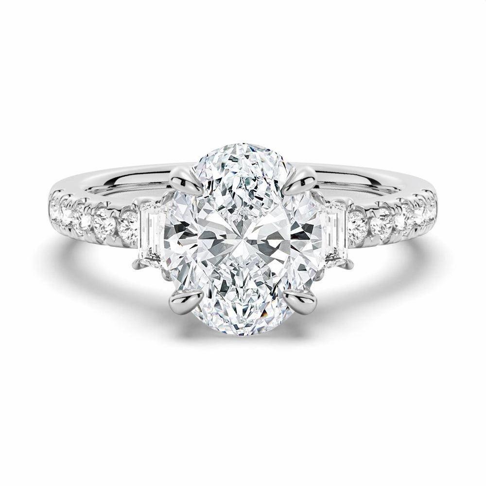 Three Stone Oval & Half Moon Moissanite Engagement Ring with Pav?? Band Occasion Ready Silky Finish