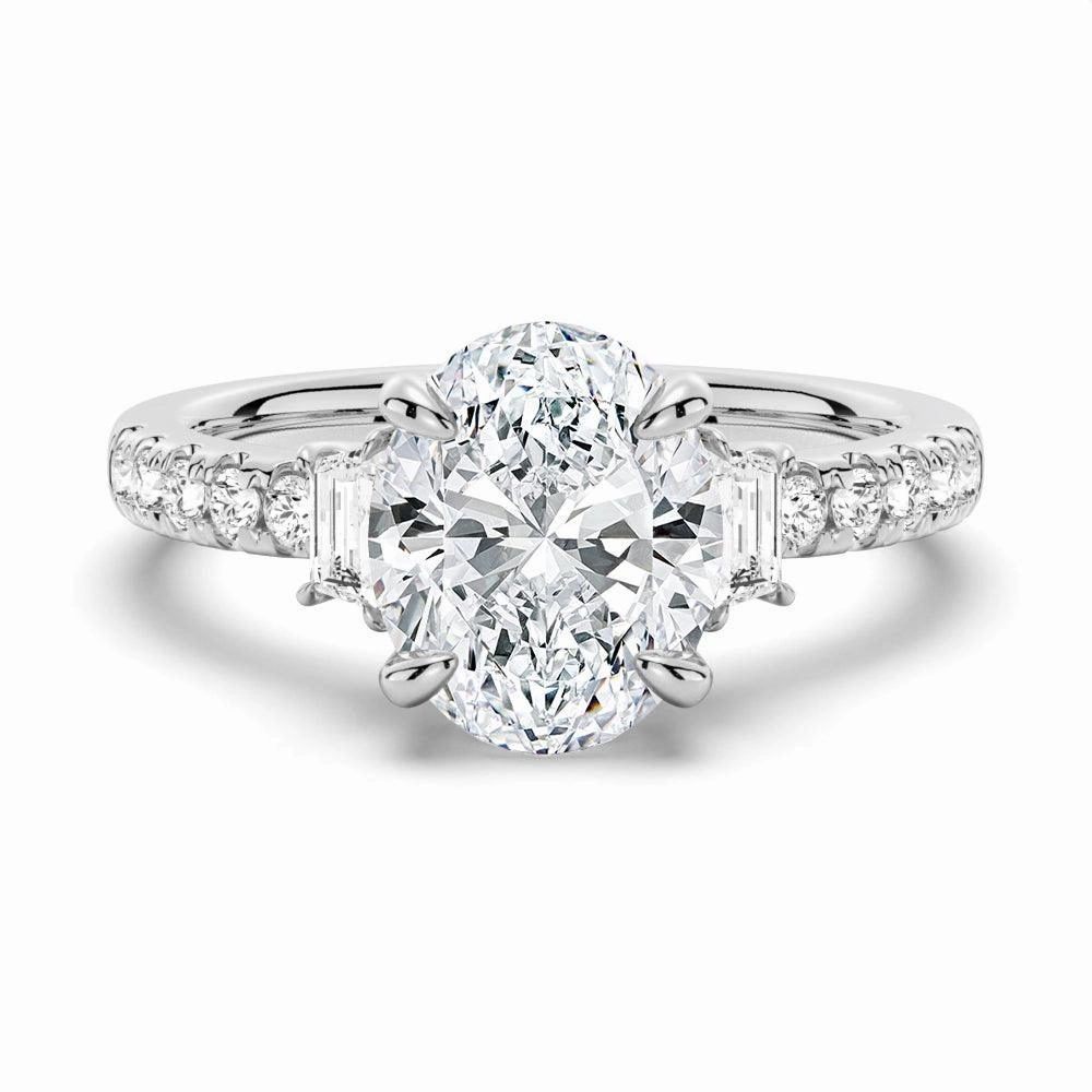 Birthday gift Three Stone Oval & Half Moon Moissanite Engagement Ring with Pav?? Band