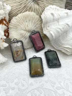 Affordable Ornament Soldered Natural Stone Pendants, Rectangle Stone Pendants with Gunmetal ,Comes in a variety of patterns, 4 Styles, Natural Stone, Fast Ship.