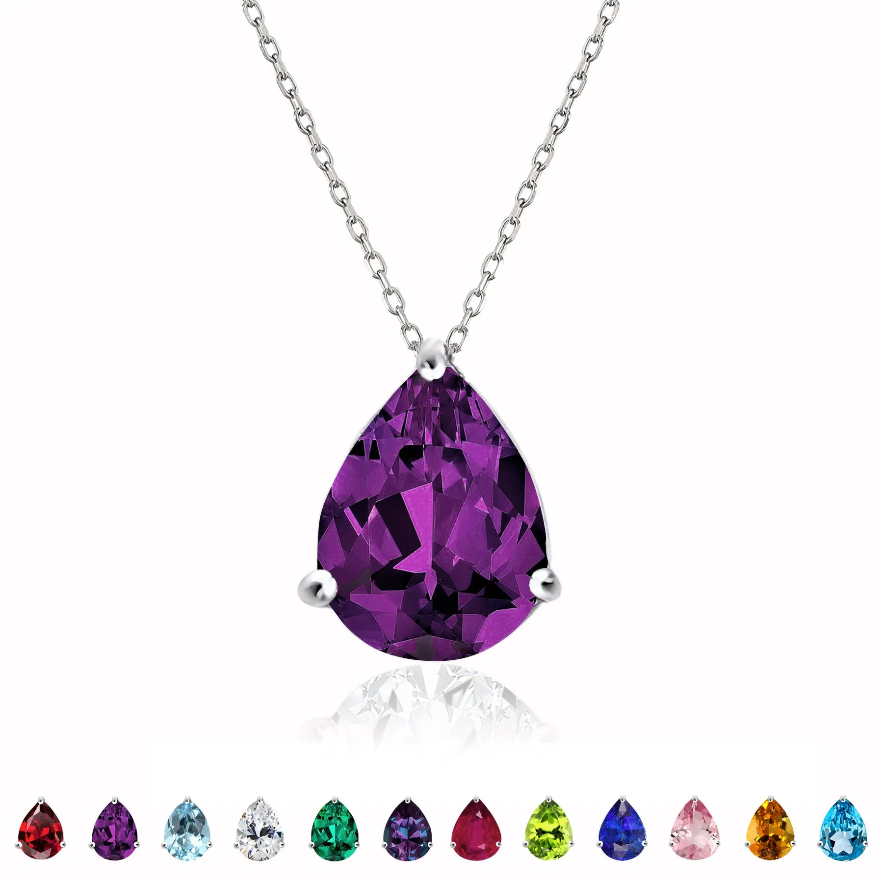 Vibrant Accent Elegant 1.5 TCW Pear Shaped - Amethyst - February Birthstone Prongs Solitaire Slider Pendant Necklace in 18K White Gold over Silver