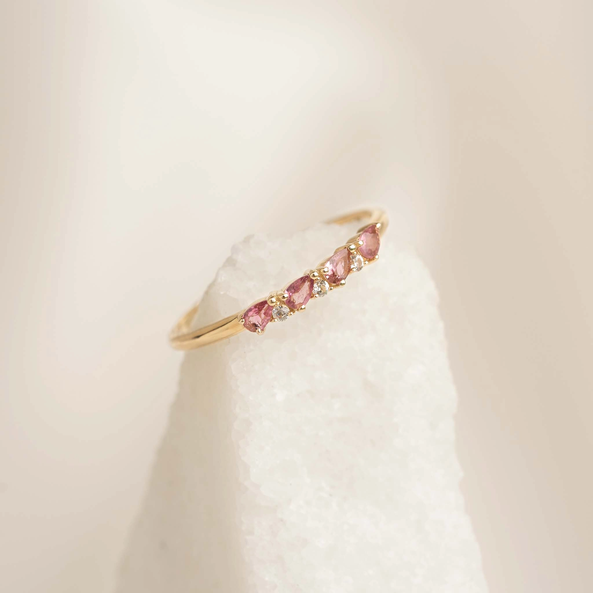 Bridal Vibe Subtle Finish July Birthstone Pear Ring 14k Gold - Pink Tourmaline and Diamond