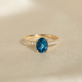 Oval London Blue Topaz and Diamond Ring 14k Gold - Minette Graceful Line Gift Ready