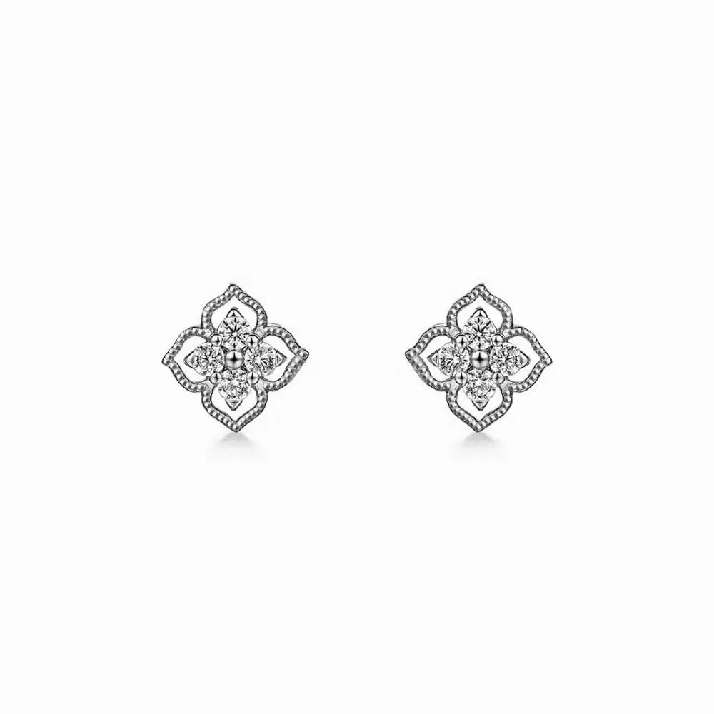 Minimal Charm Retro Vibe Raised-Edge Clover Diamond Studs with Centered Sparkle