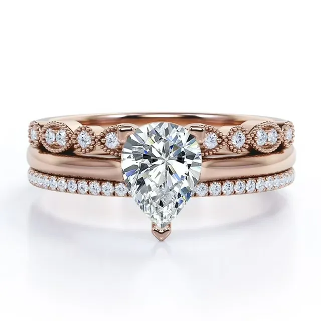 Minimal Aesthetic Art Deco 2 Carat Pear Cut Moissanite Pave Trio Set