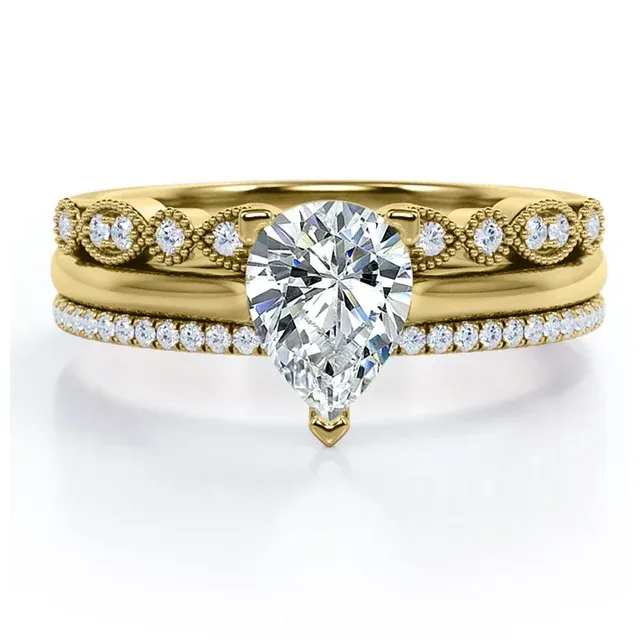 Art Deco 2 Carat Pear Cut Moissanite Pave Trio Set Distinct Accent