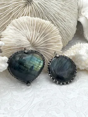 Labradorite Pendants with Textured Burnished Silver Soldered Bezel. Variety of sizes and stones, all unique. Heart or Round Shape. Fast Ship Furnishing Item