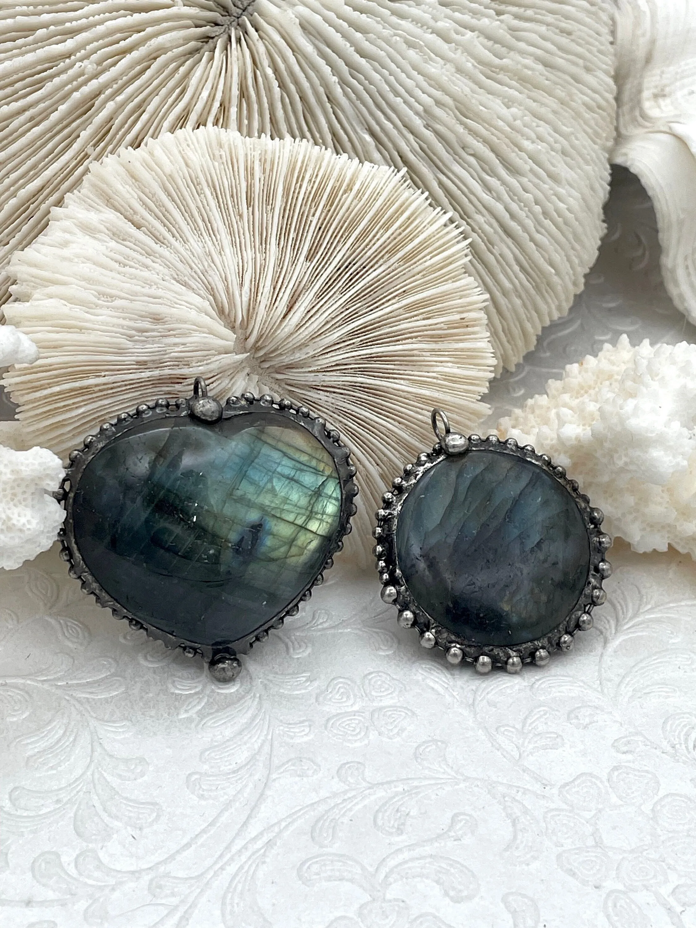 Labradorite Pendants with Textured Burnished Silver Soldered Bezel. Variety of sizes and stones, all unique. Heart or Round Shape. Fast Ship Furnishing Item