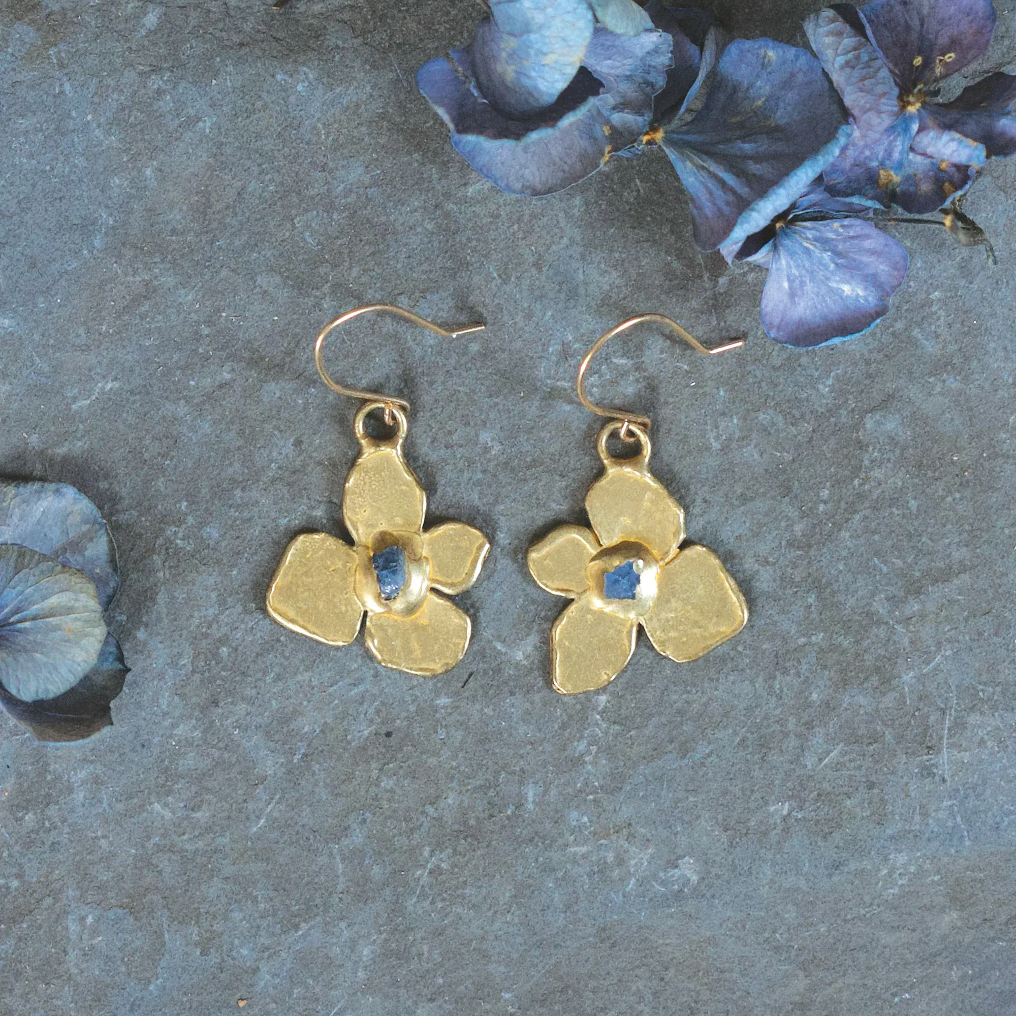 City Style Hydrangea Earrings - Brass, Blue Sapphire   Gold fill