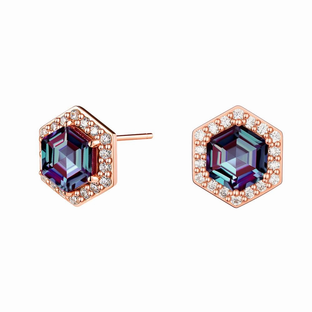 Comfortable Fit 4 Ctw Hexagon Cut Alexandrite Moissanite Pave Stud Earrings