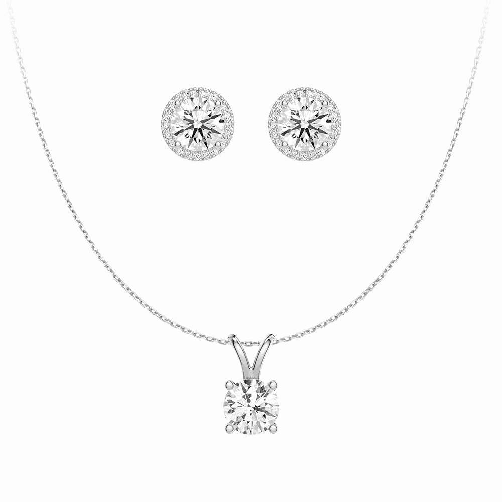 Round Moissanite Solitaire V Bale Pendant With Pav?? Halo Stud Earrings Graceful Finish