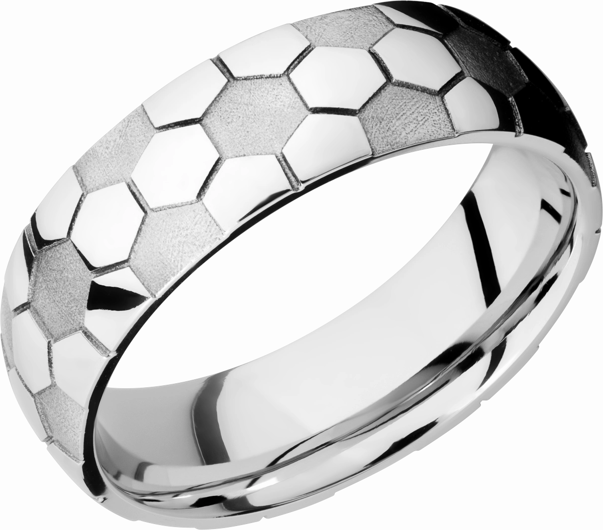 Classic Look Luxury Appeal Cobalt chrome 7mm domed band with laser-carved soccer ball pattern