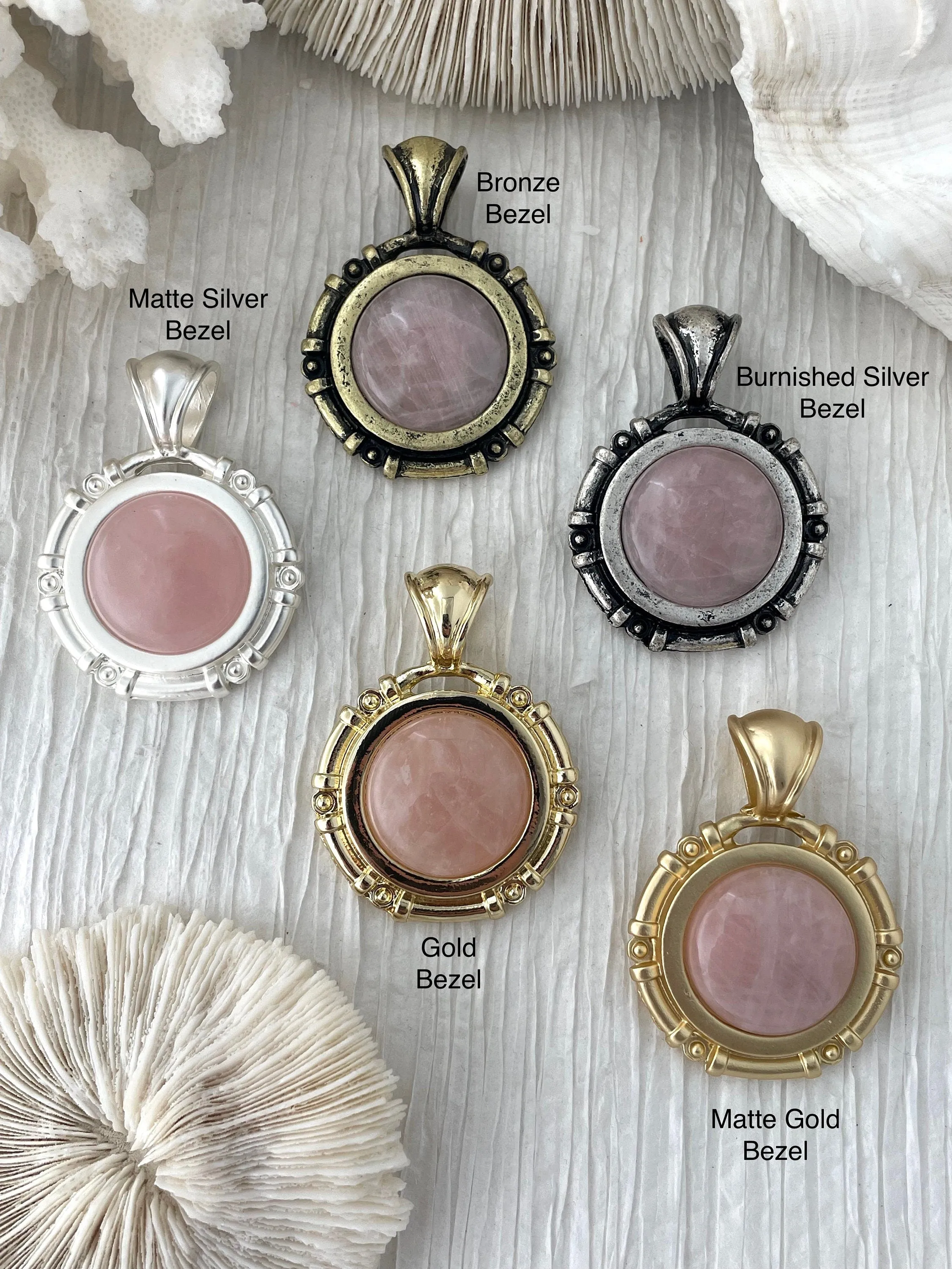 Artistic Detail Rose Quartz Stone Pendant with Brass Bezel, Natural Stone Pendants, will come in a variety of patterns, 5 bezel colors, Fast Ship