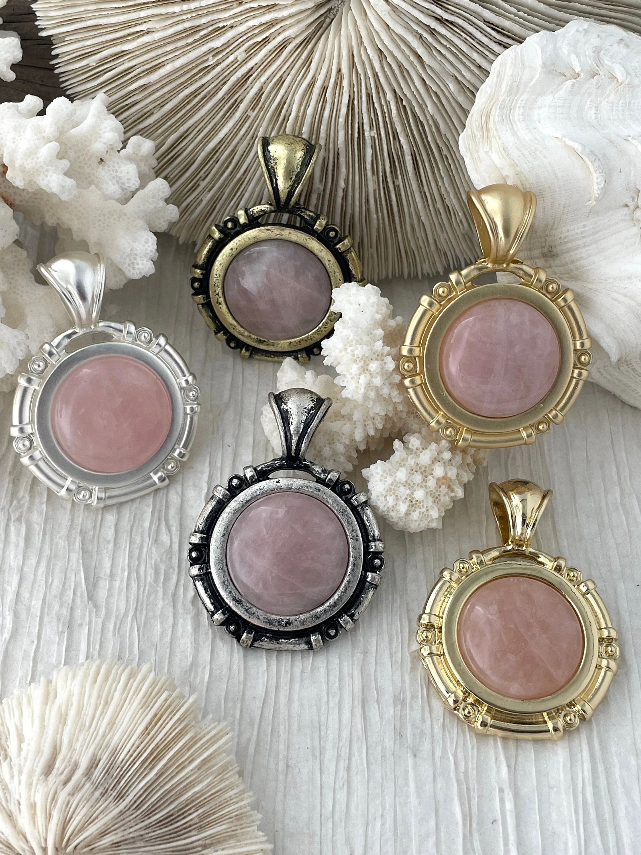 Rose Quartz Stone Pendant with Brass Bezel, Natural Stone Pendants, will come in a variety of patterns, 5 bezel colors, Fast Ship Unique Present Trend Gift