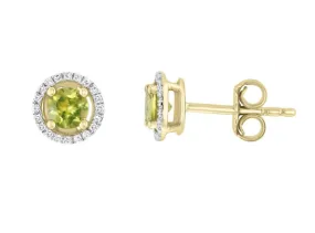 Chic Accessories Round Shape Peridot and Diamonds Solitaire/Stud Earrings in 14K Yellow Gold (0.64ctw)