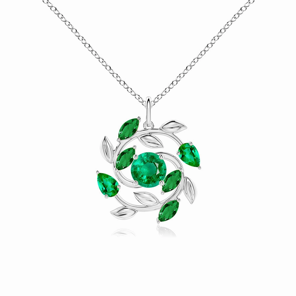 Special Occasion Gift Round and Marquise Emerald Olive Branch Statement Necklace Pendant