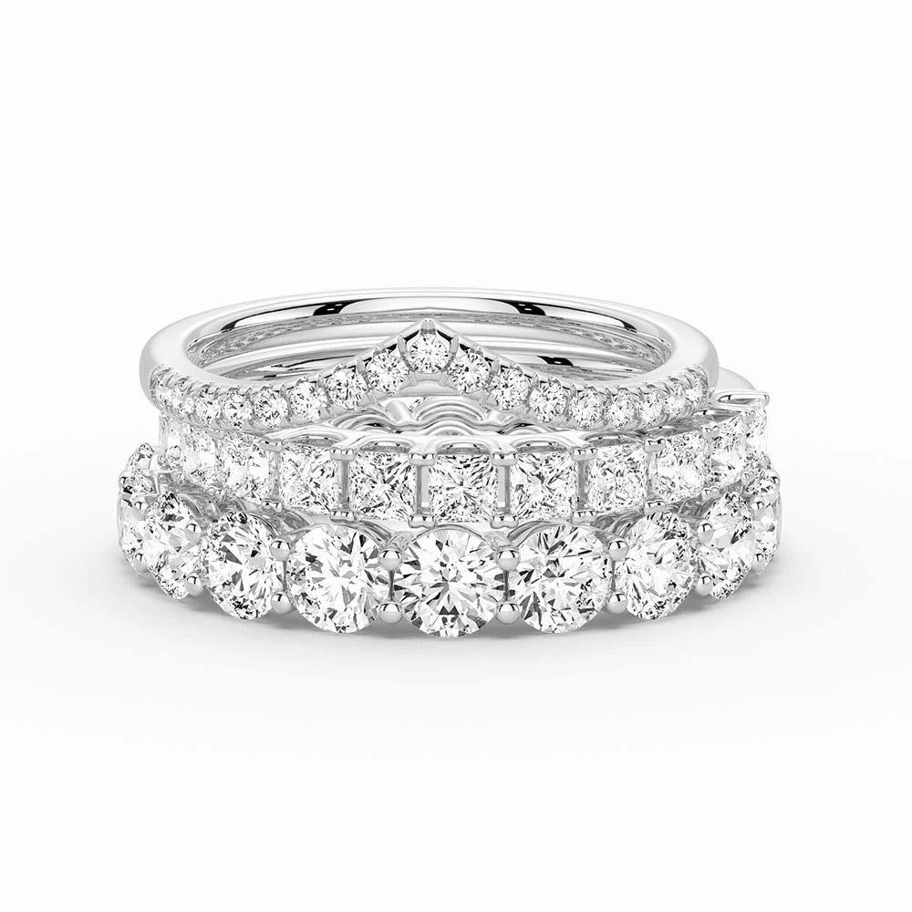 High Shine Round And Princess Moissanite Eternity Bands with Curved V Wedding Stacking Rings