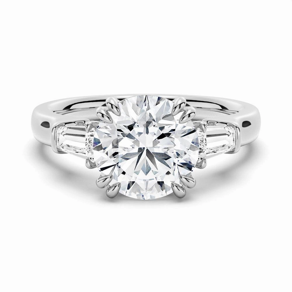 Dreamy Look Premium Shine Round Cut Moissanite Engagement Ring with Tapered Baguette Side Stones