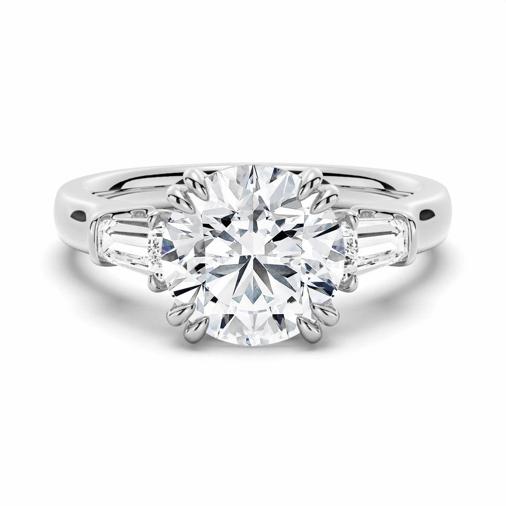 Holiday Present Round Cut Moissanite Engagement Ring with Tapered Baguette Side Stones