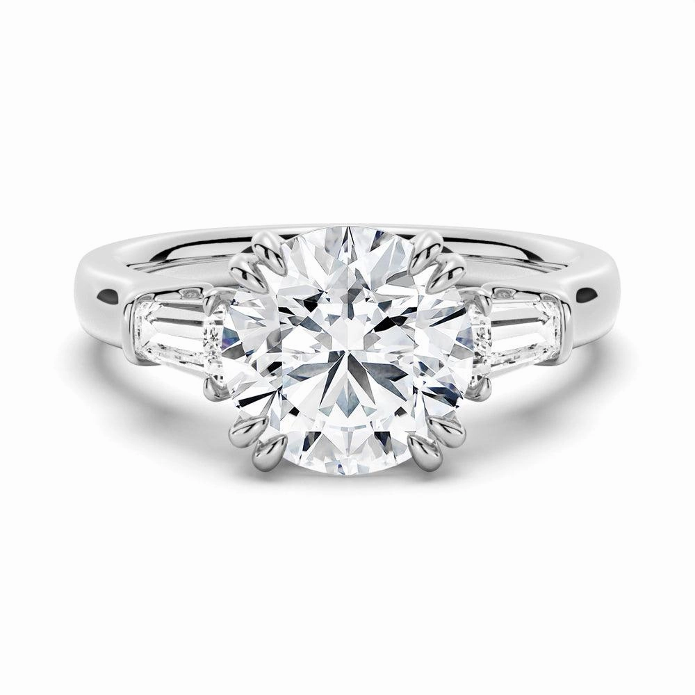 Accent Focus Sun-Kissed Look Round Cut Moissanite Engagement Ring with Tapered Baguette Side Stones
