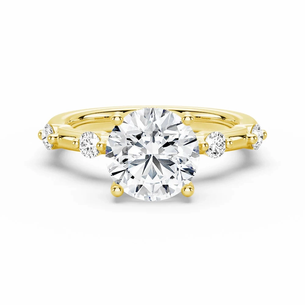 Refined Charm Alluring Style Round Cut Moissanite Ring with Diamond Spaced Band and Hidden Halo