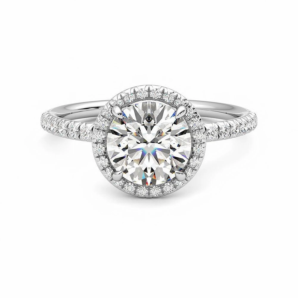 Round Halo Moissanite Engagement Ring with Hidden Anniversary Stone Accent urban vibe