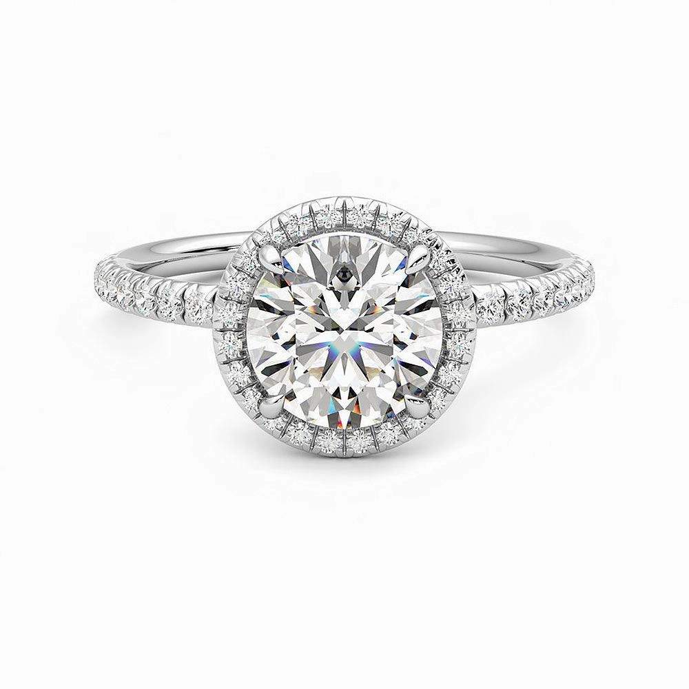 Bold Detailing Round Halo Moissanite Engagement Ring with Hidden Anniversary Stone Accent