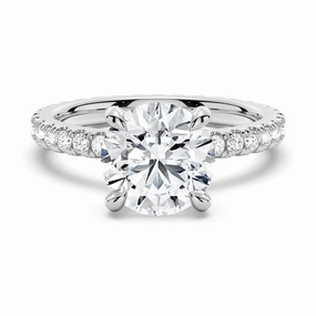 Round Moissanite Engagement Ring With Eternity Pave Band Lustrous Accent Smooth Spark