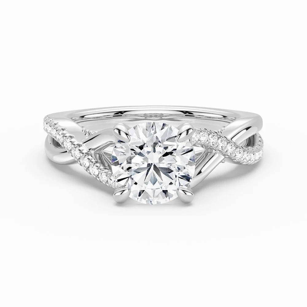Round Moissanite Twisted Band Engagement Ring with Hidden Accents Sculptural Feel Subtle Detail