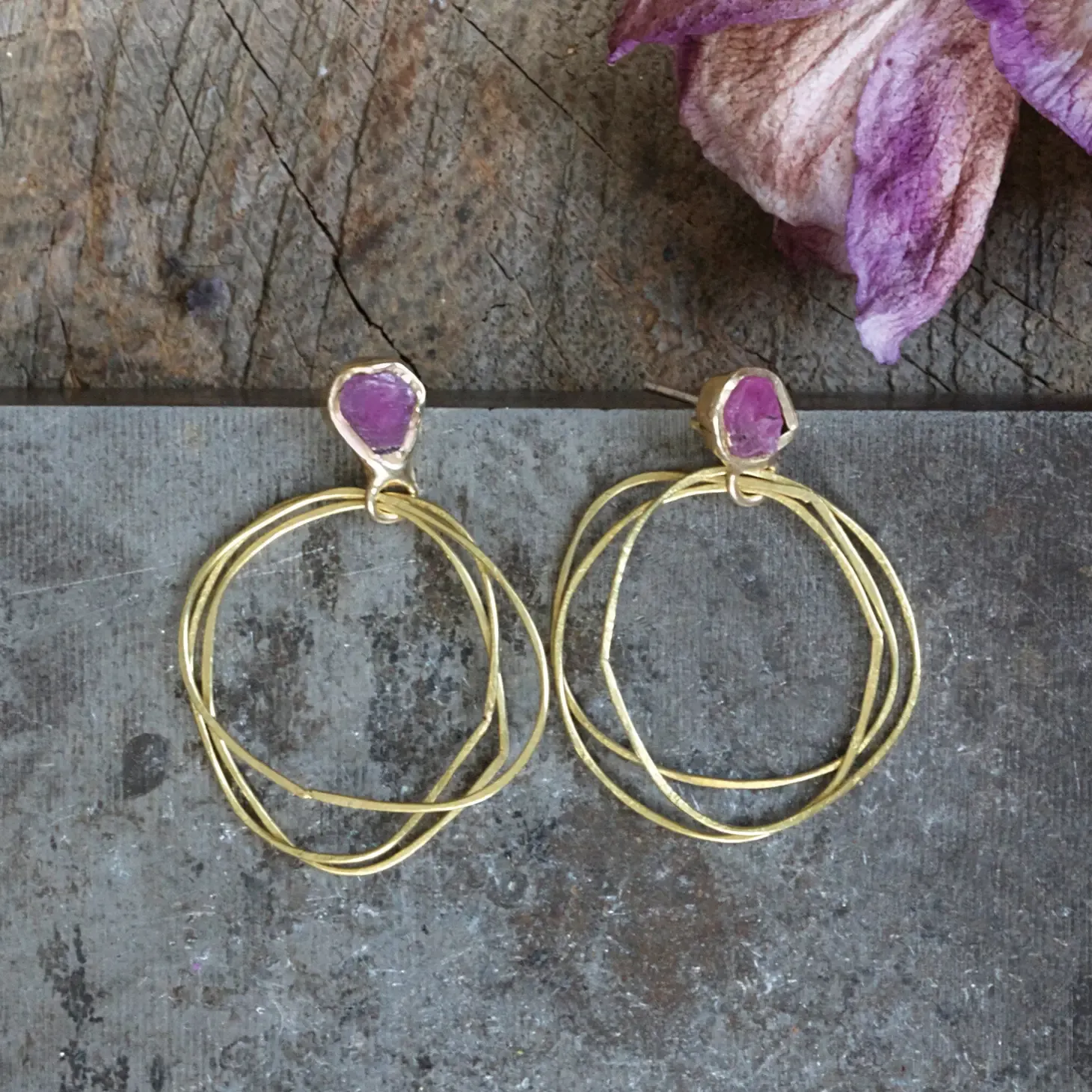 Opulent Shine Ruby Guardian Hoops - Brass, Silver   Ruby